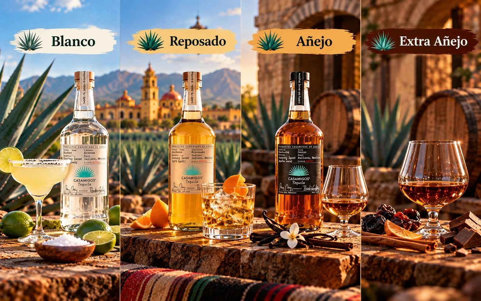 Blanco, Reposado, Añejo và Extra Añejo thể hiện các cấp độ trưởng thành khác nhau của Tequila.