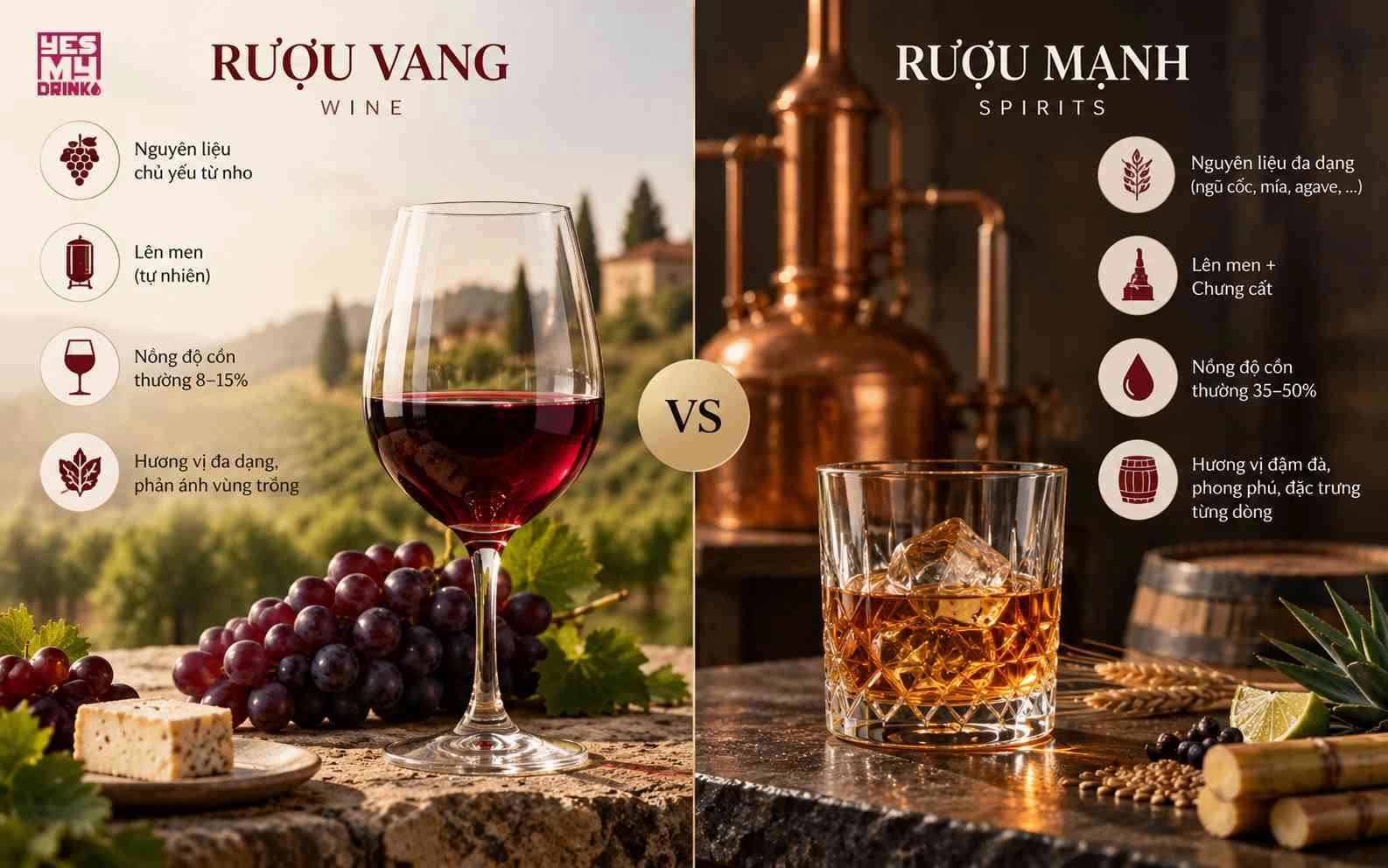 So sánh trực quan giữa chai rượu mạnh chưng cất và rượu vang lên men So sánh trực quan giữa chai rượu mạnh chưng cất và rượu vang lên men