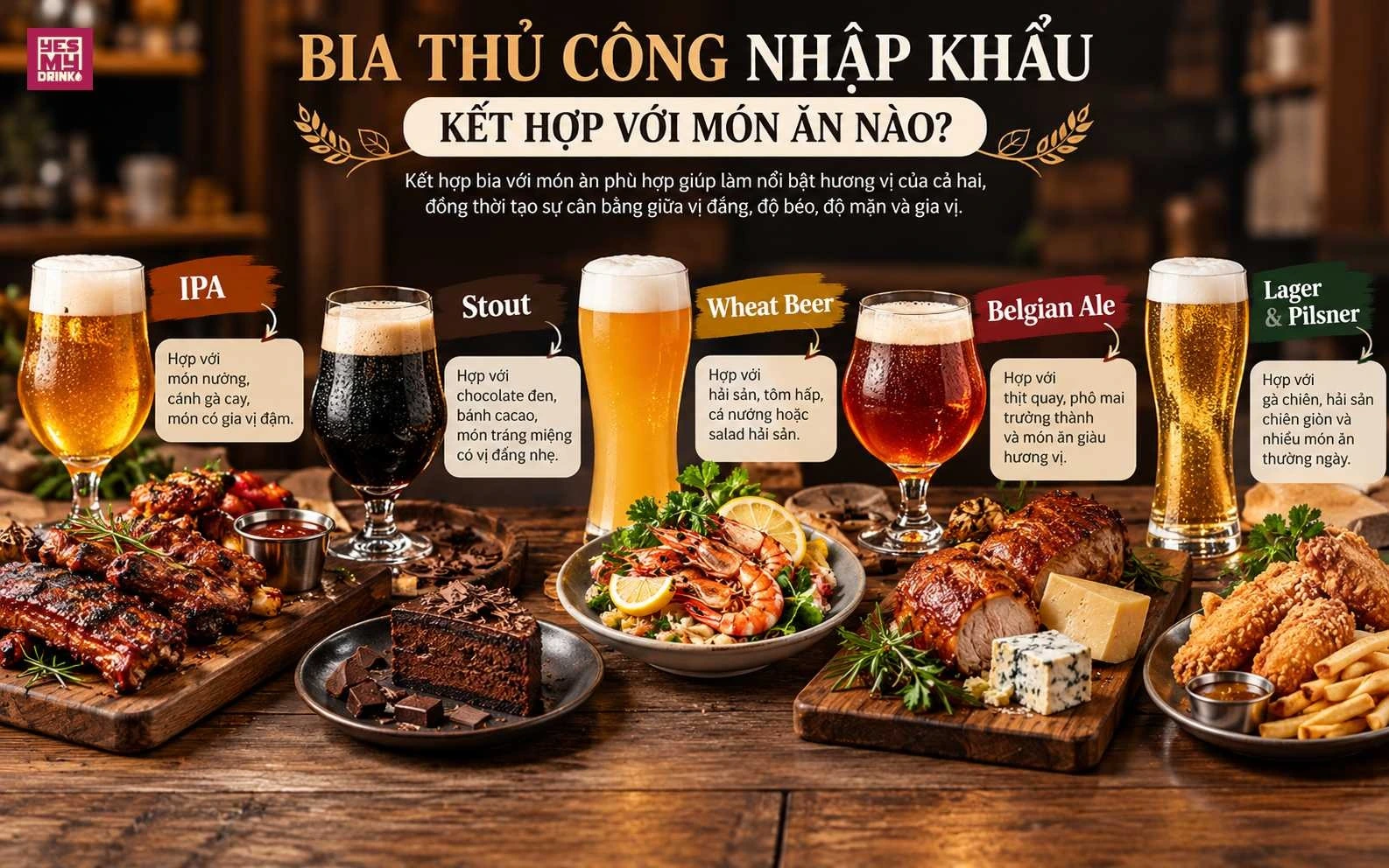 Bia thủ công nhập khẩu kết hợp món nướng hải sản phô mai và chocolate Bia thủ công nhập khẩu kết hợp món nướng hải sản phô mai và chocolate