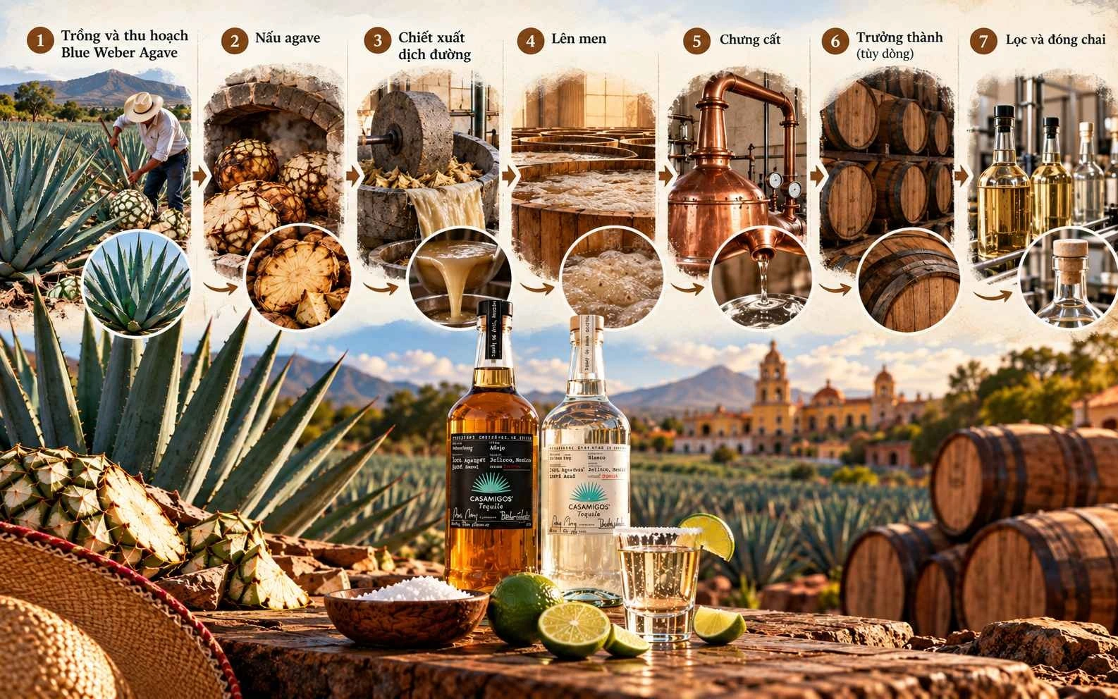 Các công đoạn chính trong sản xuất Tequila gồm thu hoạch agave, nấu, chiết xuất, lên men, chưng cất và trưởng thành.