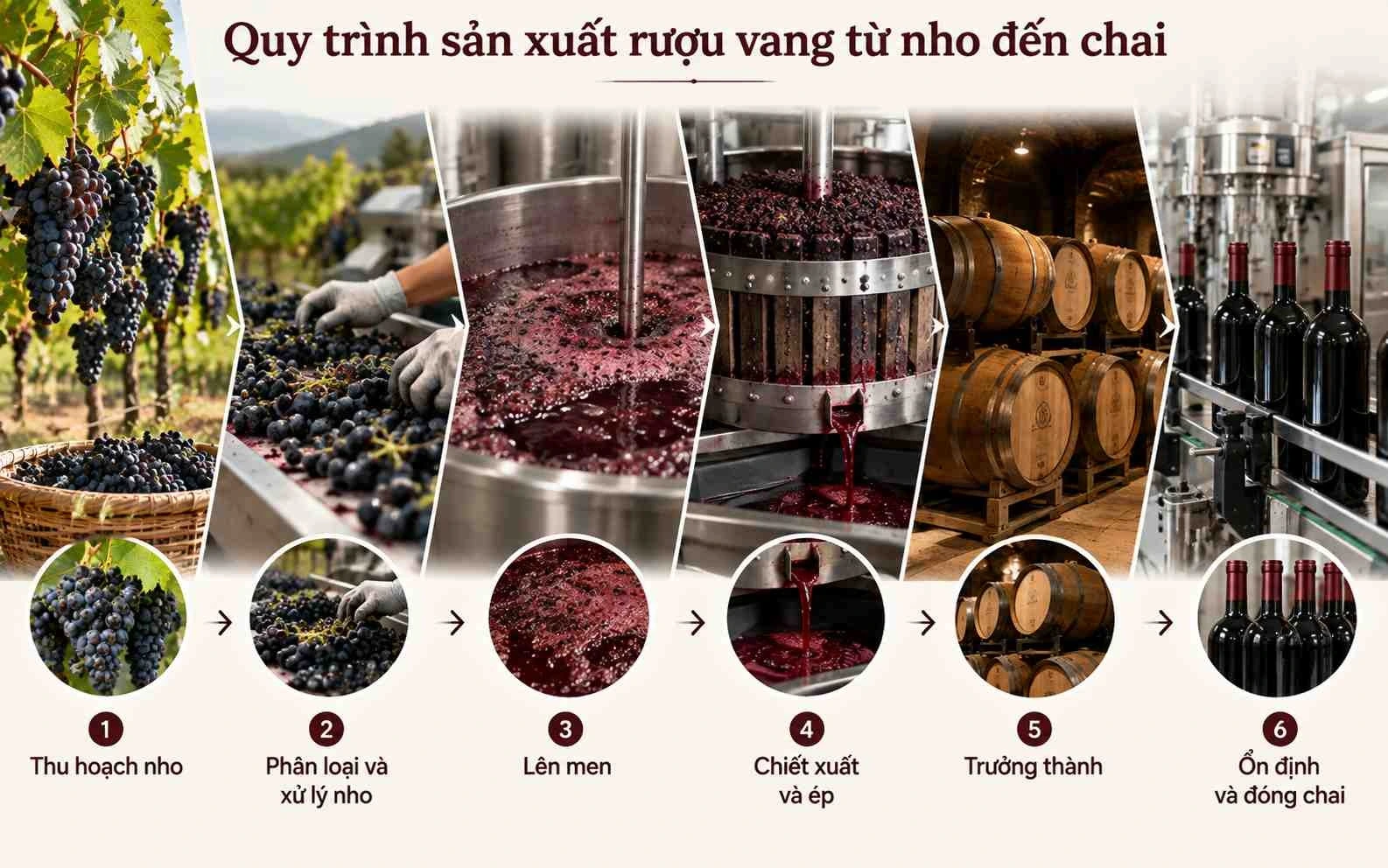 Quy trình sản xuất rượu vang từ nho đến chai