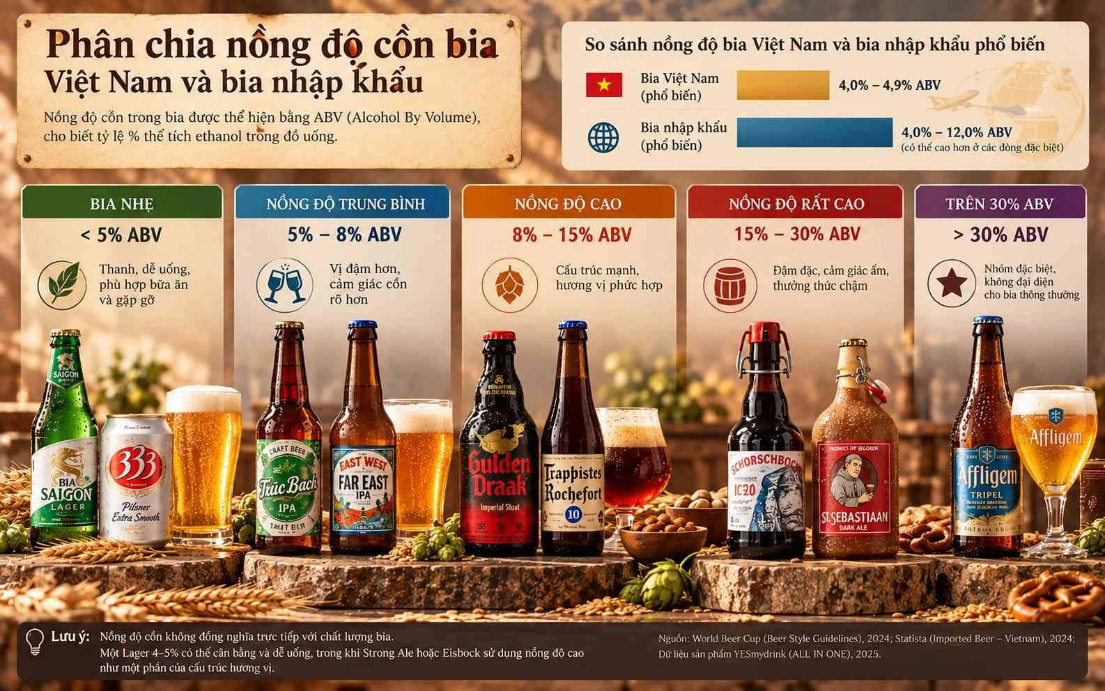 Phân chia nồng độ bia từ nhẹ đến cao