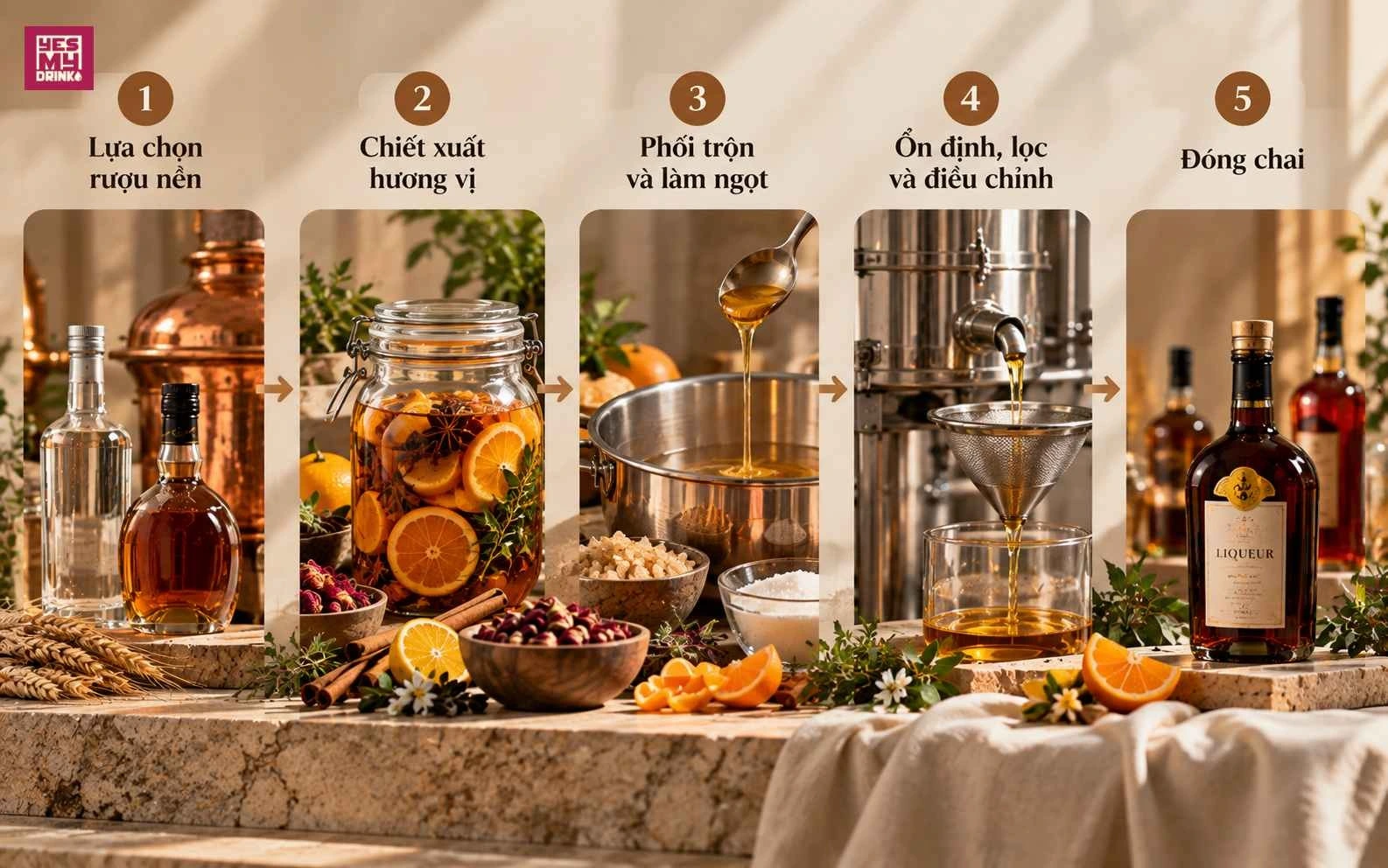 Quy trình sản xuất rượu Liqueur từ rượu nền đến đóng chai