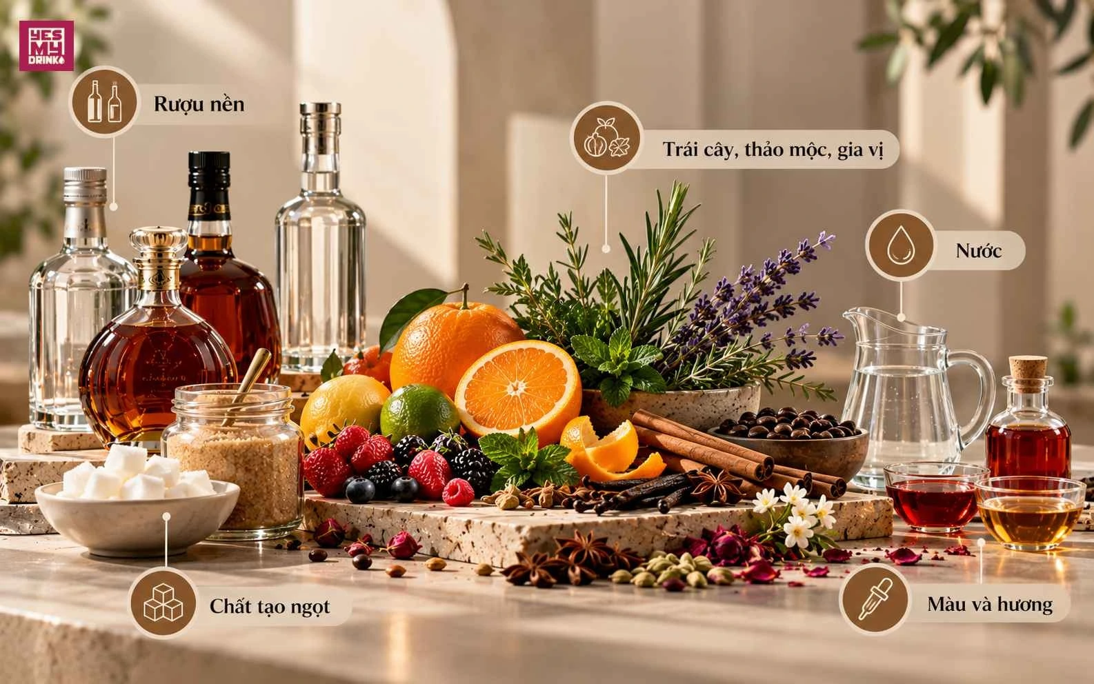 Rượu liquor Liqueur được làm từ trái cây thảo mộc gia vị và rượu nền