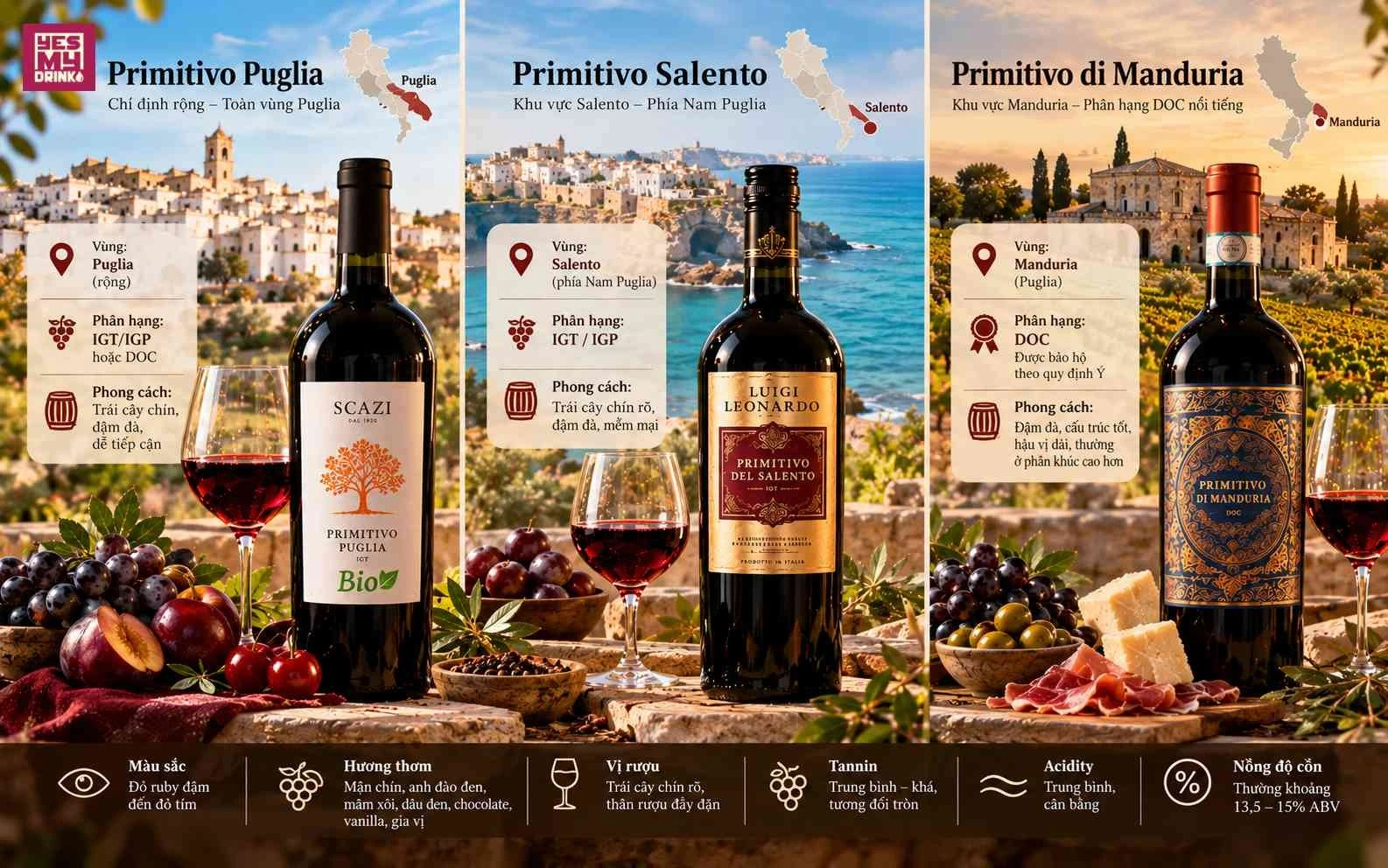 Sự khác nhau giữa Primitivo Puglia, Primitivo Salento và Primitivo di Manduria Sự khác nhau giữa Primitivo Puglia, Primitivo Salento và Primitivo di Manduria