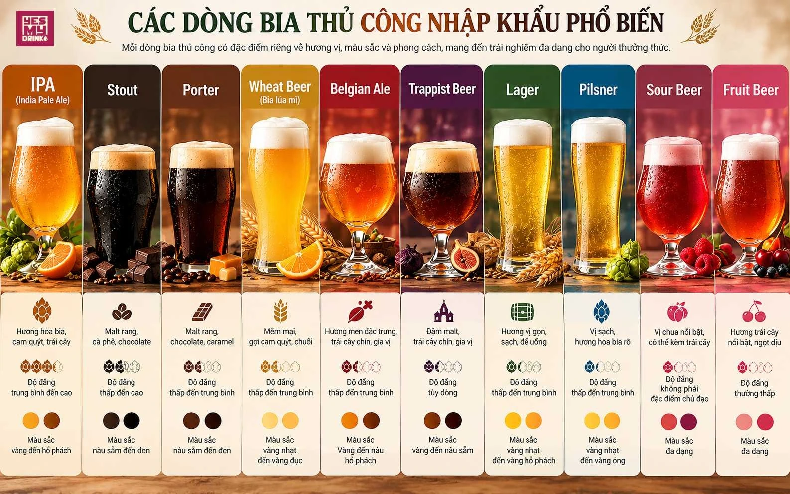 Sáu phong cách bia thủ công gồm IPA, Stout, Wheat Beer, Belgian Ale, Lager và Sour Beer Sáu phong cách bia thủ công gồm IPA, Stout, Wheat Beer, Belgian Ale, Lager và Sour Beer