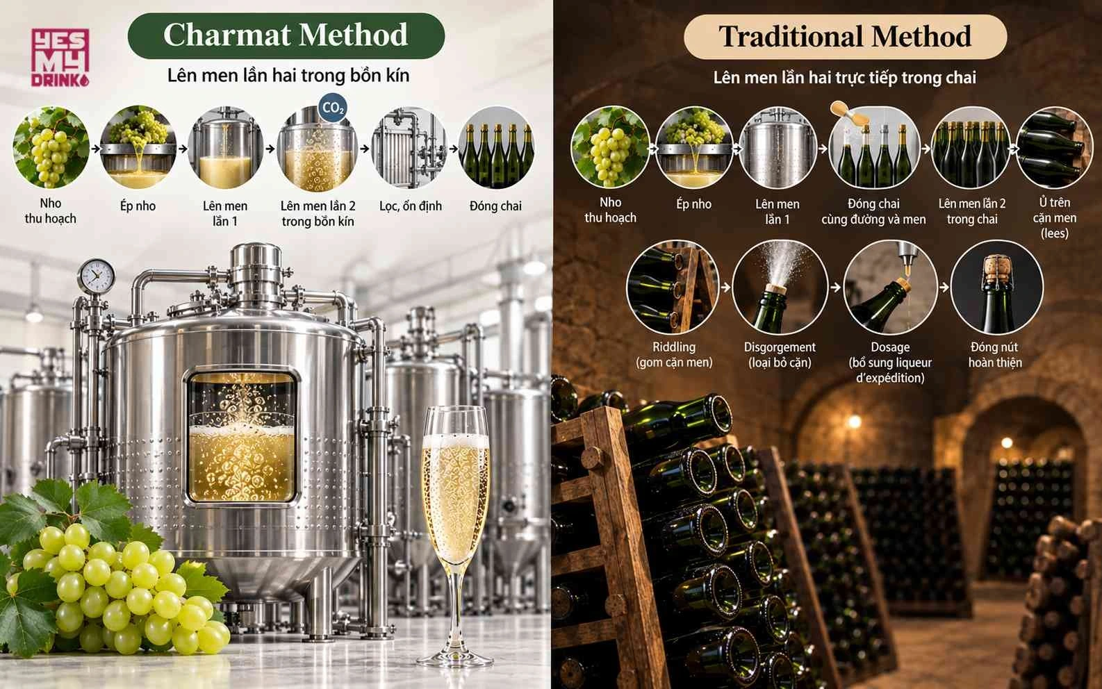 Quy trình sản xuất rượu vang sủi từ nho đến chai thành phẩm Quy trình sản xuất rượu vang sủi từ nho đến chai thành phẩm