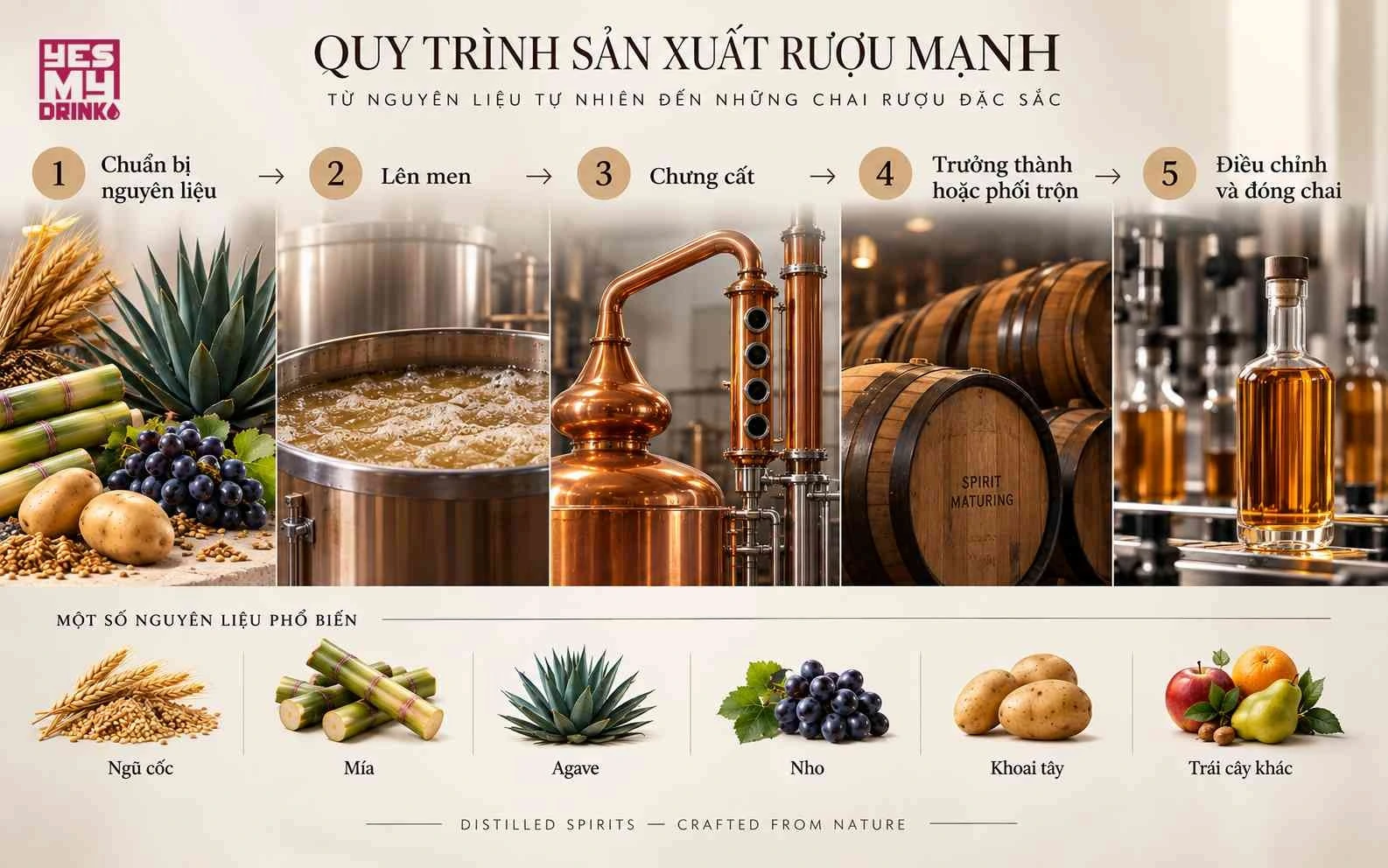 Các công đoạn cơ bản từ nguyên liệu, lên men, chưng cất đến trưởng thành và đóng chai rượu mạnh. Các công đoạn cơ bản từ nguyên liệu, lên men, chưng cất đến trưởng thành và đóng chai rượu mạnh.