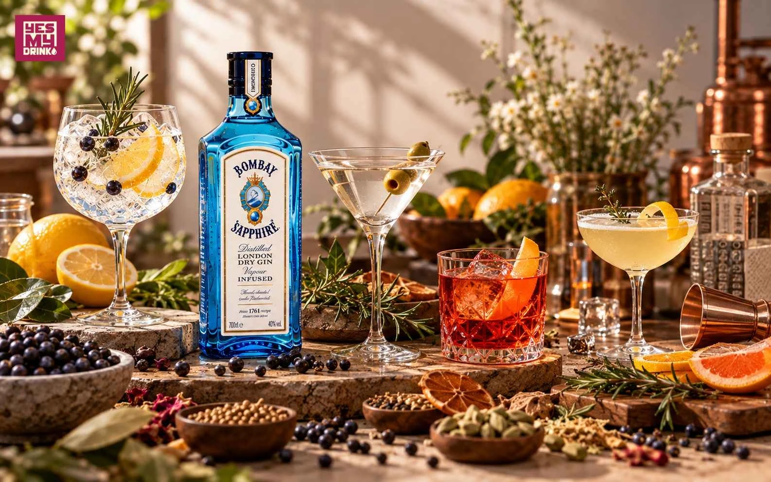 Rượu Gin Bombay Sapphire pha tonic, citrus và cocktail