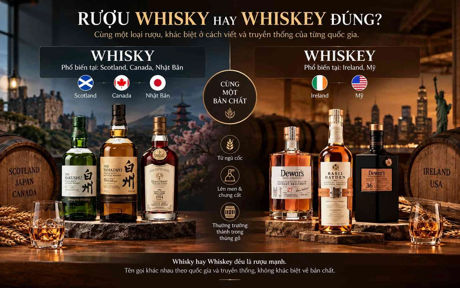 Cách gọi Whisky hay Whiskey tùy thuộc vào cách viết và truyền thống của quốc gia làm rượu