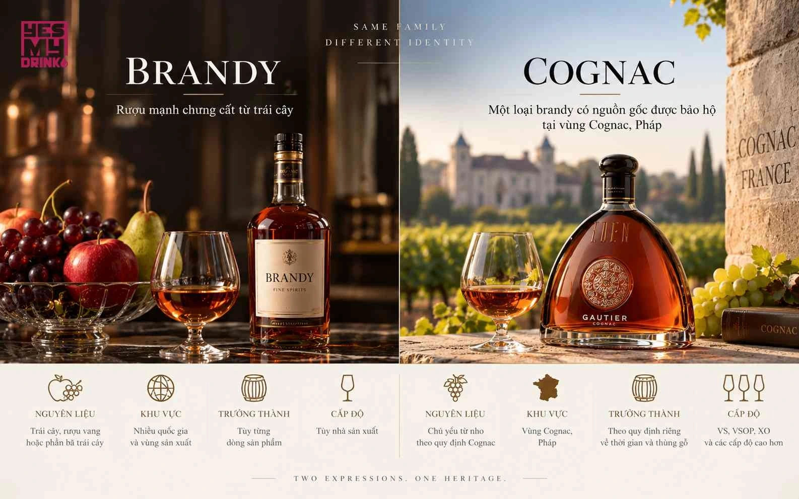 Brandy là nhóm rượu mạnh rộng, trong khi Cognac là một dòng brandy có nguồn gốc địa lý được bảo hộ