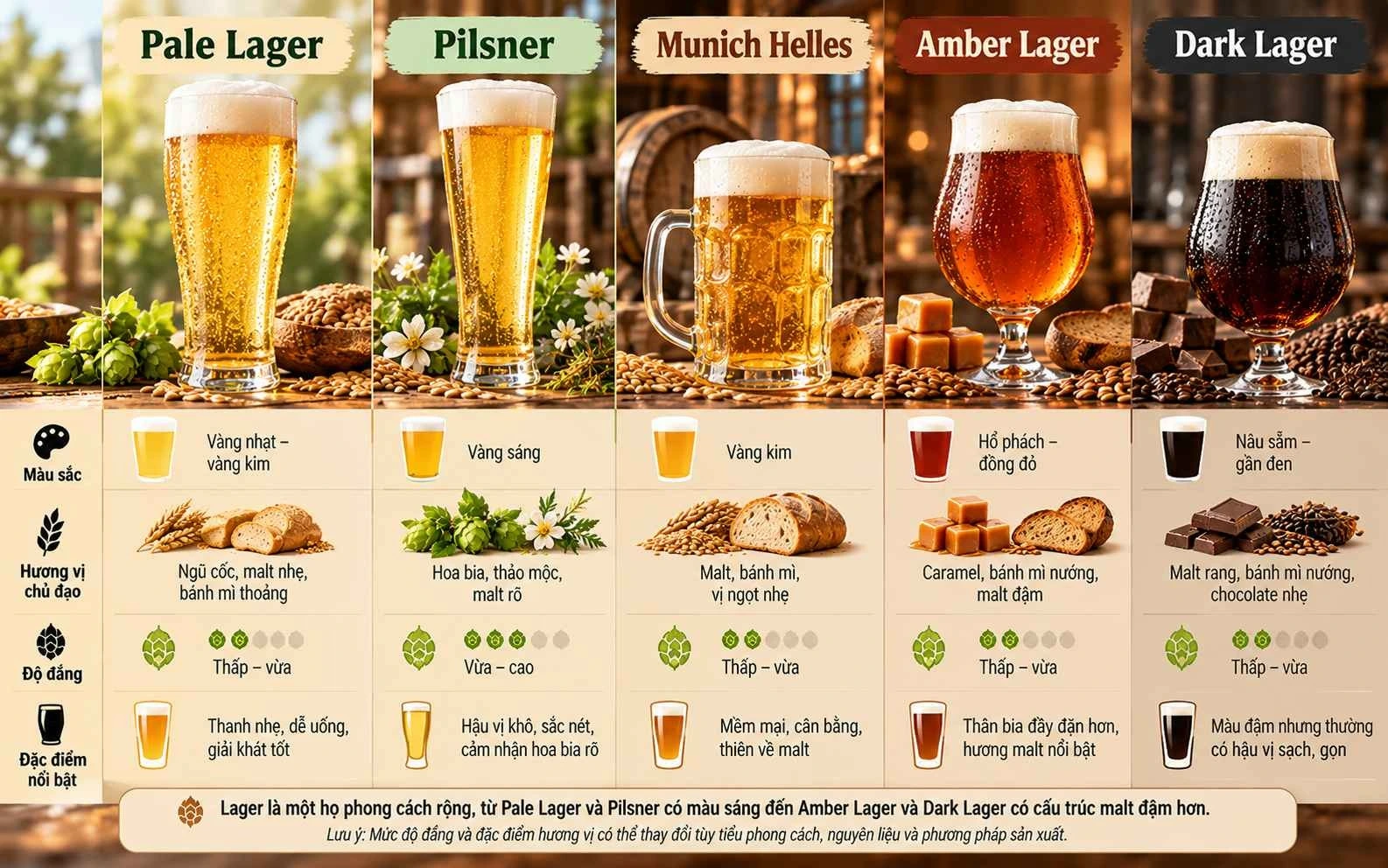 Lager là một họ phong cách rộng, từ Pale Lager và Pilsner có màu sáng đến Amber Lager và Dark Lager có cấu trúc malt đậm hơn. Lager là một họ phong cách rộng, từ Pale Lager và Pilsner có màu sáng đến Amber Lager và Dark Lager có cấu trúc malt đậm hơn.