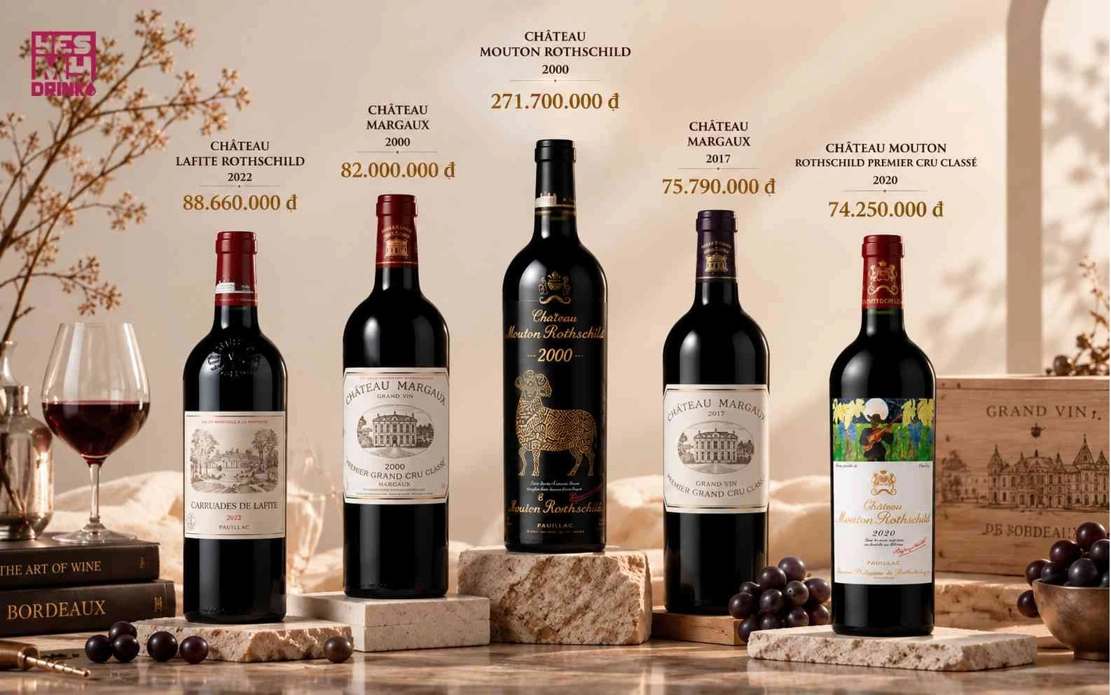 Các chai Cabernet Sauvignon cao cấp thuộc nhóm vang Bordeaux